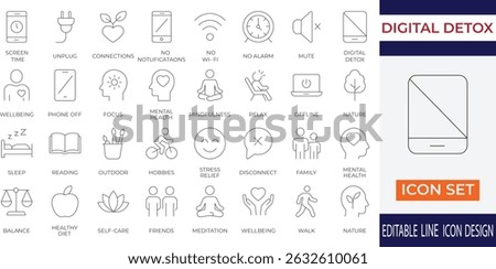 A modern digital detox wellness and mindful line icon set. Includes minimal symbols like screen time, unplug, phone off, meditation, nature, and more. 