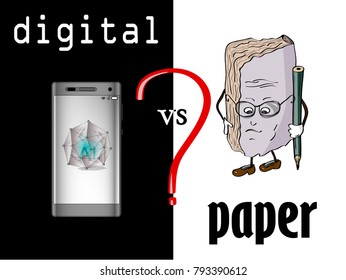 Modern digital device with artificial intelligence versus paper book as source of knowledge and means of data and information storage in future. Vector illustration. Smartphone with touchscreen, book