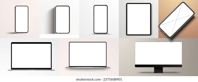 Modern Digital Device Collection: Smartphones, Tablets, and Desktop Monitor Illustrations.