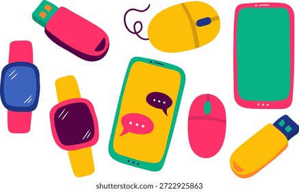modernes digitales Geräte-Icon-Set mit tragbarer Mobiltelefontechnologie und elektronischem Zubehör für Web- und App-Design