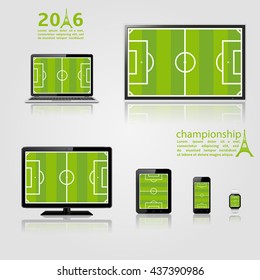 Modern digital devices with football field template. Vector illustration.