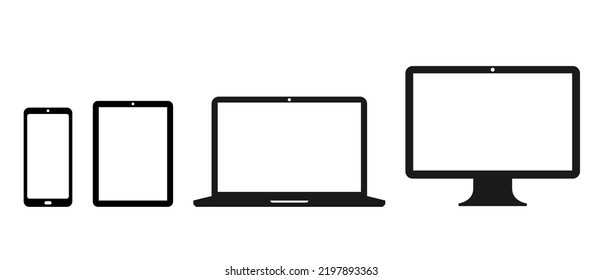 Modern Digital Devices icon set. Computer Monitor, laptop, tablet and smartphone with blank screen. Flat vector illustration