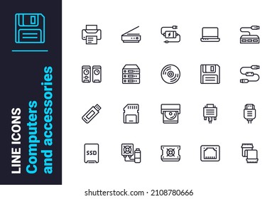 Modern digital devices icons set vector illustration. Computers and accessories line icon. Technology and electronics concept