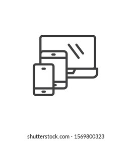 Modern digital devices line icon. linear style sign for mobile concept and web design. Laptop with smartphone and tablet pc outline vector icon. Symbol, logo illustration. Vector graphics