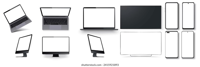 Modern Digital Devices Mockup Set. A diverse collection of modern digital device mockups with blank screens, including laptops, monitors, and smartphones. Vector illustration