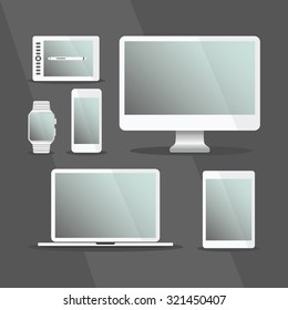 Modern Digital Devices set with white frames - Tablet, cellphone, monitor, laptop, smart watch, and digital drawing tablet