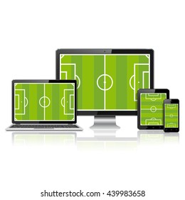 Modern digital devices with soccer field on screen