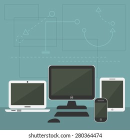Modern Digital Devices - Tablet, cellphone, monitor, and laptop with graphical shapes background