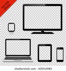 Modern digital devices with transparent screen. Isolated on transparent background. Vector illustration.