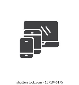 Modern digital devices vector icon. filled flat sign for mobile concept and web design. Laptop with smartphone and tablet pc glyph icon. Symbol, logo illustration. Vector graphics