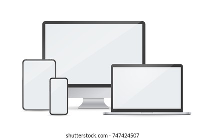 Modern Digital Devices Vector Mockup Isolated On White. Smartphone. Laptop. Desctop. Tablet