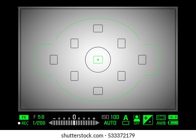 Modern digital DSLR camera focusing screen with settings. White framed viewfinder camera recording template. Vector illustration