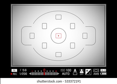 Modern digital DSLR camera focusing screen with settings. White framed viewfinder camera recording template. Vector illustration