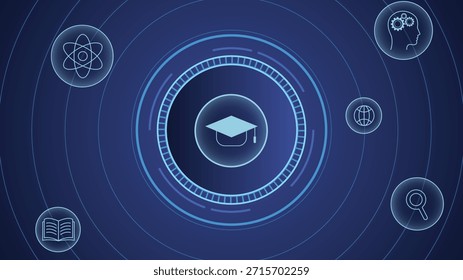 Fondo abstracto de educación digital moderna con iconos de aprendizaje de tapa de graduación e interfaz de tecnología circular ideal para cursos en línea, plataformas de aprendizaje electrónico e innovación académica