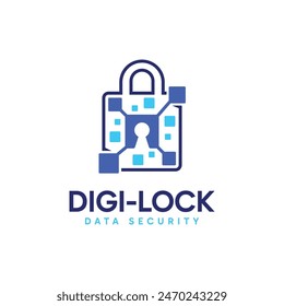 Modern digital element and padlock combination logo design symbol. Minimalist vector illustration.