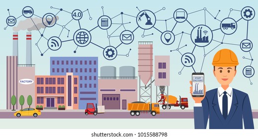 Modern digital factory 4.0. Industry 4.0 concept image. Industrial instruments in the factory with cyber and physical system icons, Internet.