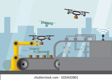 Modern digital factory warehouse with robotic arms and drones. Delivery of production. Vector illustration