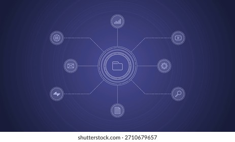 Fundo de gerenciamento de arquivos digitais moderno com um ícone de pasta central com elementos conectados simbolizando o fluxo de rede da organização de armazenamento de dados e tecnologia adequada para designs com temas técnicos
