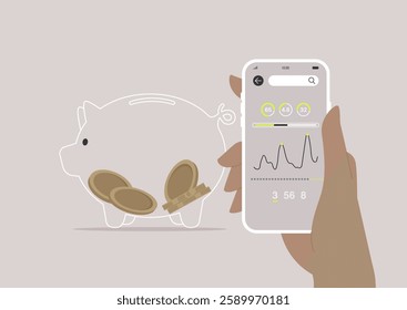 Modern digital finance blends traditional saving methods with technology, illustrated by a stylish piggy bank alongside an online banking app interface, showcasing user-friendly financial tracking