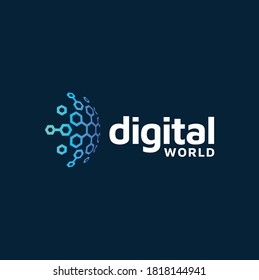 modern digital futuristic hexagon World Globe link network internet logo design