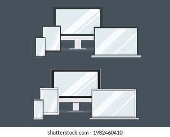Modern digital IT hardware set featuring smartphone, laptop, PC display, and tablet with reflective blue LCD glass screens. Isolated on a clean gray background. Ideal for tech concepts and UI design.