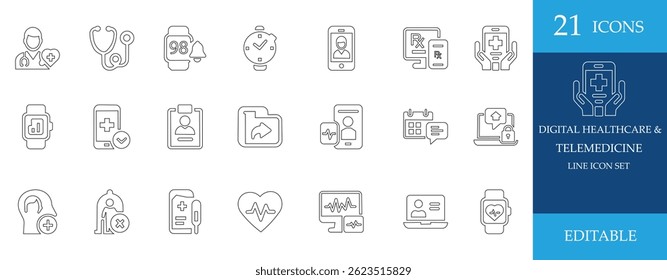 Modern digital healthcare and telemedicine line icons for medical apps, smartwatches, remote consultation, e-health records, online diagnosis, and virtual doctor platforms.
