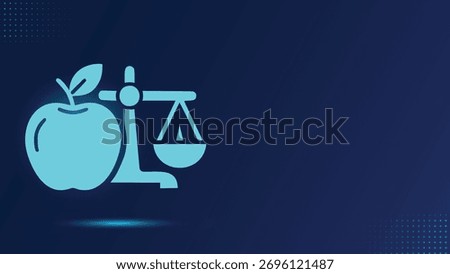 Modern digital illustration featuring a glowing cyan icon of an apple weighted against a balance scale on a deep blue background. Symbolizing health balance, diet planning, and nutritional choices.
