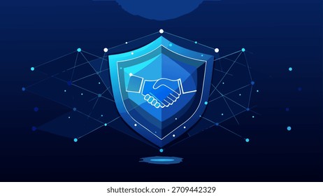 A modern digital illustration featuring two hands shaking inside a secure futuristic interface, symbolizing trust, partnership, agreement, teamwork, and business cooperation in the digital world