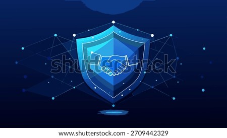 A modern digital illustration featuring two hands shaking inside a secure futuristic interface, symbolizing trust, partnership, agreement, teamwork, and business cooperation in the digital world