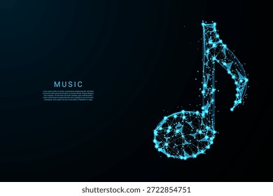 Eine moderne digitale Illustration einer musikalischen Note, die in einem leuchtend blauen, polygonalen Drahtmodell-Stil auf dunklem Hintergrund erstellt wurde. 