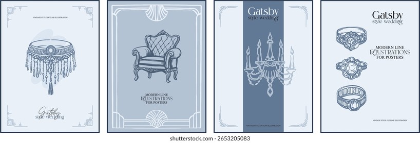 Modern digital illustration - set of 4 editable posters. Aesthetic, whimsical linear composition for wedding designs, stylized for the era of the twenties of the last century in monochrome.