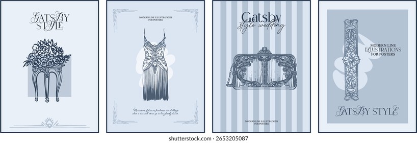 Modern digital illustration - set of 4 editable posters. Aesthetic, whimsical linear composition for wedding designs, stylized for the era of the twenties of the last century in monochrome.