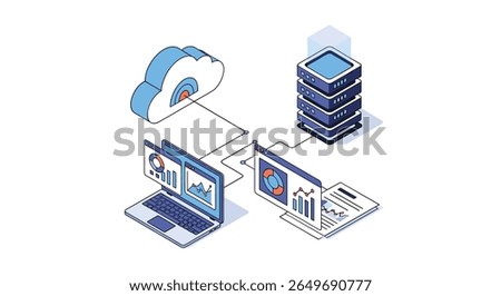 Modern digital infrastructure concept utilizing cloud computing and server networks for data analysis and business intelligence solutions