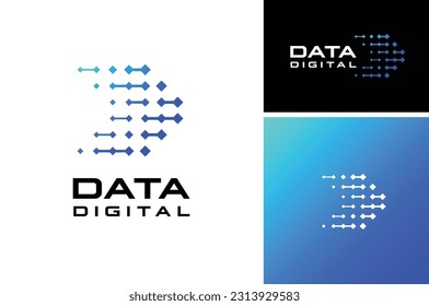 Modern digital initial letter D Data Pixel with digital line wire circuit connection network logo design