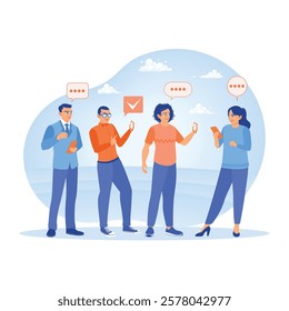 Modern digital interactions. Group of people standing outdoors, using smartphones while exchanging ideas. Concept of Young People Using Smartphones. Flat vector illustration.