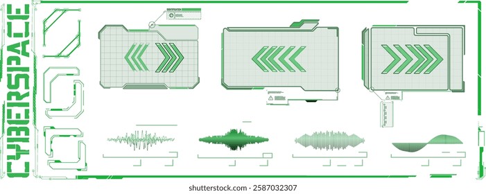 Modern digital interface design showcasing green graphics and sound wave patterns.