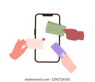 Modern digital life. Human hands taking money, tickets and letter from smartphone. Internet marketing and service, vector technologies concept
