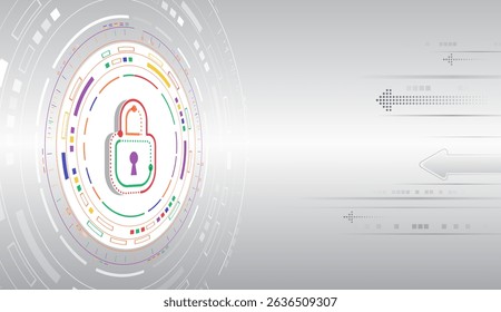 Modern digital lock on round multicolored light gray background. Cybersecurity, digital data protection and technical progress concept.