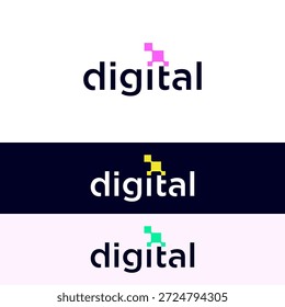 Un logotipo digital moderno con la palabra digital con un Pequeño ícono de píxel sobre la i. Se muestra en fondos blancos, azul marino y rosa claro para pruebas de marca y color.