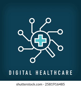 Modern digital magnifying glass and health plus logo design. Creative digital clinic company design, corporate identity. vector