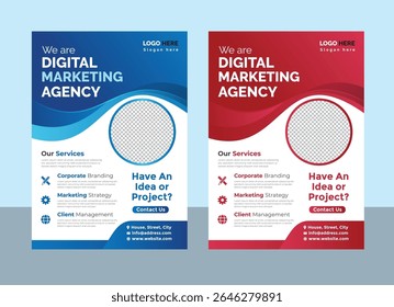 Modern Digital Marketing Agency Flyer Template Design with Blue and Red Color Scheme for Business Promotion and Advertising Campaigns