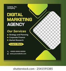Modern digital marketing agency template highlighting services like strategy, corporate finance, and market research with a bold, professional design.
