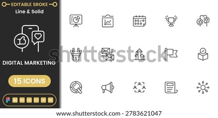 Modern digital marketing icon pack featuring SEO, analytics, online advertising and business growth symbols clean vector set