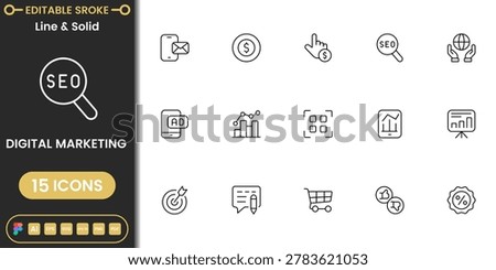 Modern digital marketing icon pack featuring SEO, analytics, online advertising and business growth symbols clean vector set