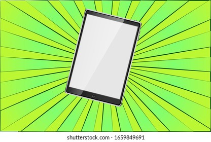Modern digital mobile tablet on a background of abstract green rays. Vector illustration.
