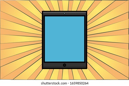 Modern digital mobile tablet on a background of abstract yellow rays. Vector illustration.