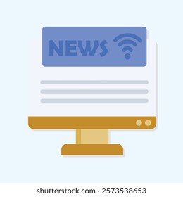 Modern Digital News Display Icon Flat Design, Computer Monitor Showing News Content with Wifi Signal Symbol