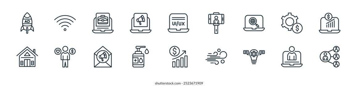 moderno digital nomad icon pack. perfeito para projetos lineares de ui com vetor inbound marketing, assistente virtual, estratégico, qualidade do ar, desempenho, saneamento, marketing de e-mail e mais ícones