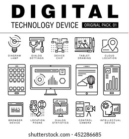 Modern digital  pack. Thin line icons set internet technology. Devices set collection with global industry elements. Premium quality vector symbol. Stroke pictogram for web design.
