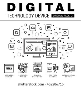 Modern digital pack. Thin line icons set internet technology. Devices set collection with global industry elements. Premium quality vector symbol. Stroke pictogram for web design.